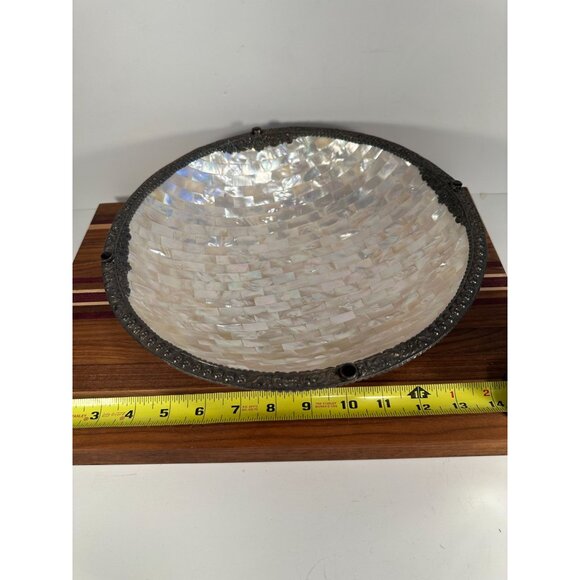 Handcrafted Mother-Of-Pearl Decorative Bowl With Ornate Metal Trim & Gem Accents - Picture 2 of 12